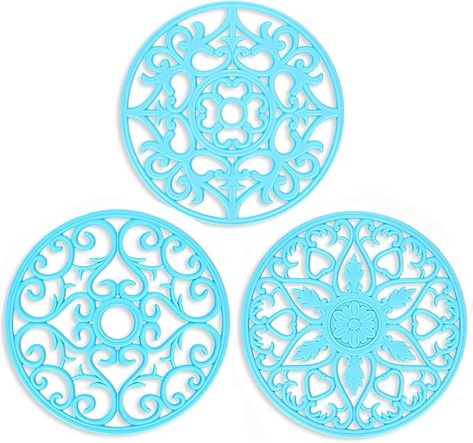 ME.FAN Trivets for Dishes/Pots/Pans, 3 Pcs Silicone Mats, Flexible/Durable/Non Slip Hot Pads to Protect Table and Counter Top (Blue)