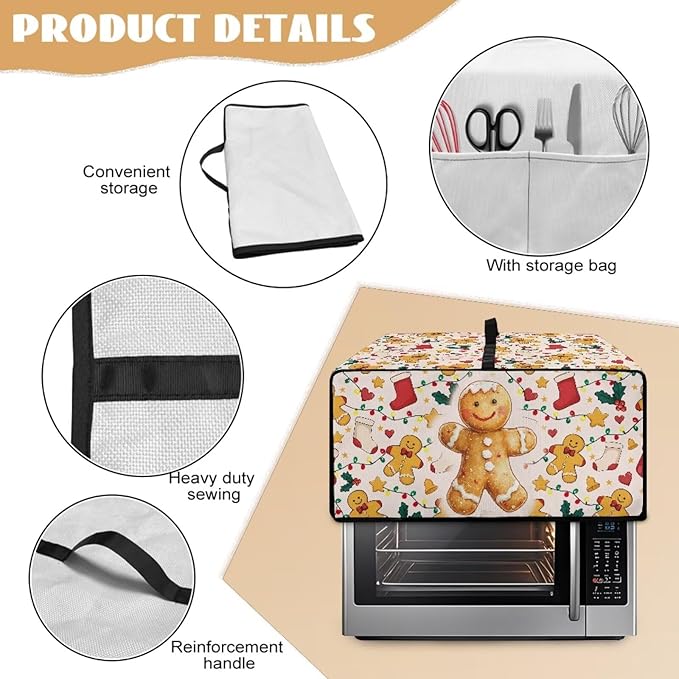 Countertop Convection Oven Cover Dust-Proof Toaster Oven Cover with Accessories Pockets, Countertop Convection Oven Protector, L, Gingerbread Man Christmas String Lights