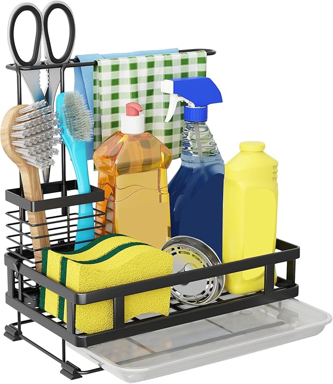 Godboat Kitchen Sink Organizer with Brush Rack, 304 Stainless Steel Dish Soap Dispenser, Sponge Holder for Kitchen Sink, Sink Caddy with Drain-Pan, Cool Kitchen Gadgets & Gifts for Women, Christmas