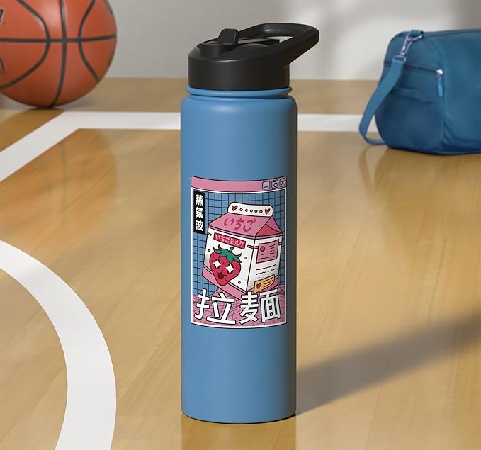 Strawberry Milk Carton Kawaii Grid Vaporwave Aesthetic Anime Stainless Steel Insulated Water Bottle