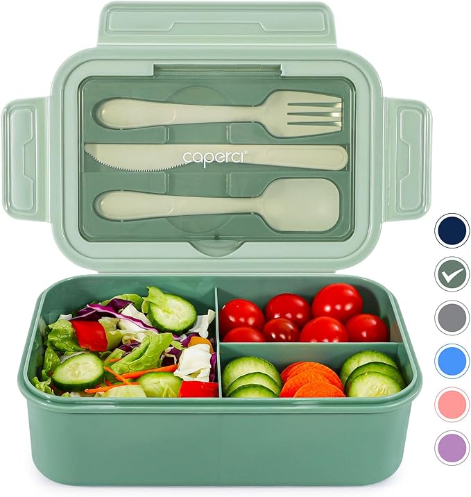 Caperci Classic Bento Box Adult Lunch Box for Older Kids - Leakpoof 47 oz 3-Compartment Lunch Containers for Adults and Teens, Built-in Utensil Set, Ideal for On-the-Go Balanced Eating,Khaki Green