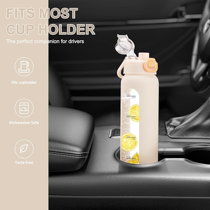chunmo 24 oz Glass Water Bottles with 2 Lids-Handle Spout Lid & Straw Lid, Motivational Water Bottle with Time Marker and Silicone Sleeve,Leakproof-White-1 Pack