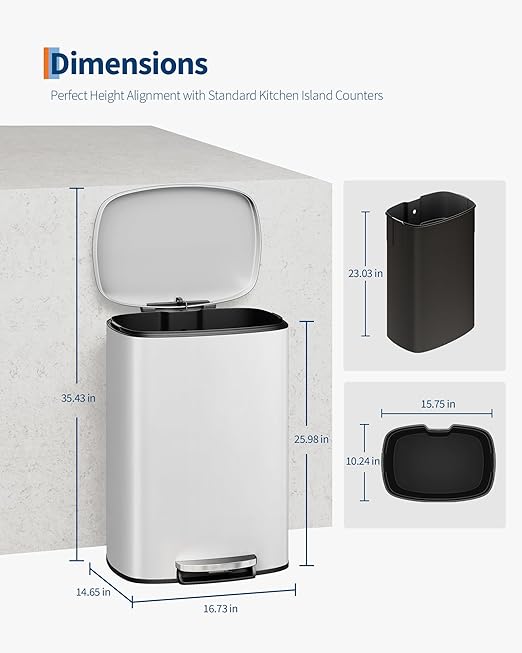 Garvee 13 gal (50 L) and 2.6 gal (10 L) Metal Trash Can Combo Set, Rustproof Garbage Can with Lid, Step-on Trash Bin with Inner Bucket, Rear Handle, White