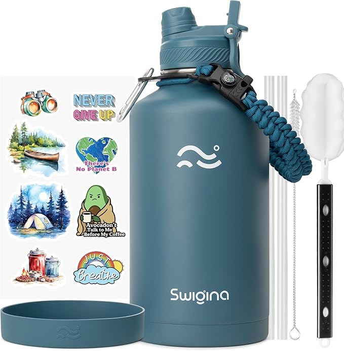 Swigina [2-IN-1 LID] 64 oz Insulated Water Bottle with Silicone Boot (48hrs Cold/24hrs Hot) - DIY Stickers, Leakproof, BPA Free, Half Gallon