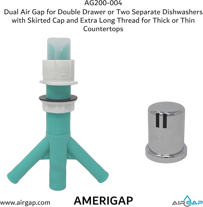 Dual Air Gap for Double Drawer or Two Separate Dishwashers with Skirted Cap and Extra Long Thread for Thick or Thin Countertops (AG200-004, AG200-001, T52, AMERIGAP)
