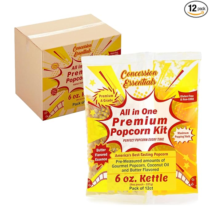 Concession Essentials 6oz Popcorn Portion Packs – Pre-Measured Kernels, Oil & Salt – Case of 12 Packs for Perfect Popcorn Every Time