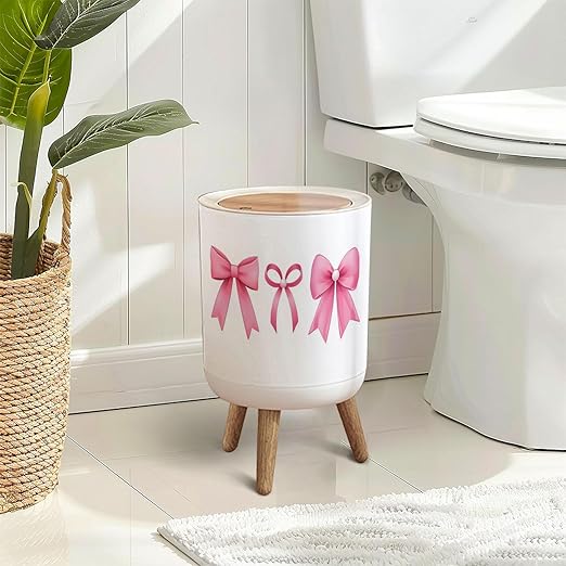 Trash Can with Lid Pink bow coquette y2k aesthetic ribbon elegant accessory pastel tie Press Top Round Small Garbage Bin with Wooden Legs Waste Basket for Kitchen Bedroom Nursery 7L/1.8 Gallon