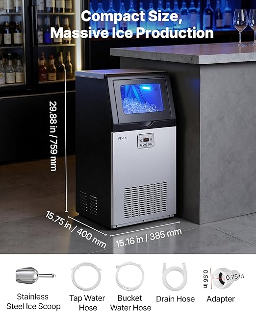 VEVOR Commercial Ice Maker Machine, 120 lbs/24h with 30 lbs Storage Capacity, Built-in/Freestanding/Under Counter, Stainless Steel Ice Maker with LED Display & Self-Cleaning, for Home Bar Restaurant