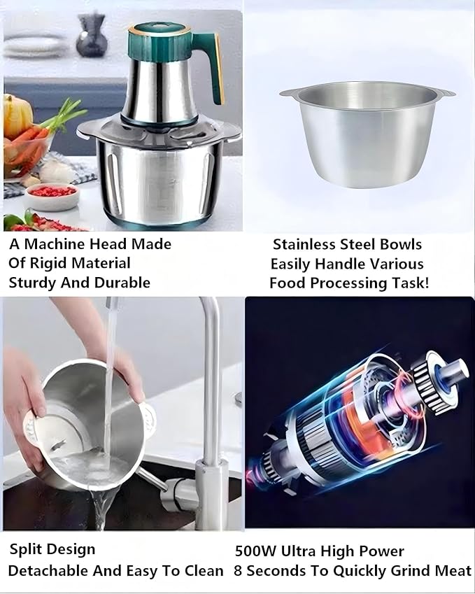 Electric Meat Grinder, 500W 5-Speed 5L Stainless Steel Food Processor, Multifunctional for Dough, Meat, Nuts & Vegetables, Hand Wash Only with Detachable Parts