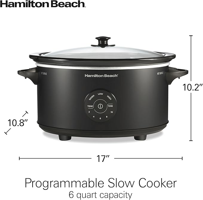 Hamilton Beach 6 Quart Set & Forget Programmable Slow Cooker, 15 Cooking Options With 5 Time and 3 Heat Options, Large Dishwasher Safe Stoneware Crock and Glass, Black (33762)