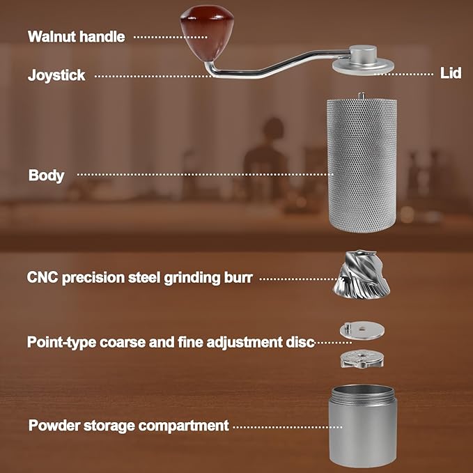 Manual Coffee Grinder Gift Box Non-Detachable Stainless Steel Conical Burr Aluminum Coffee Bean Grinder with 25 Grinding Settings Cleaning Brush Grindable Espresso Moka Pot for Camping Silver