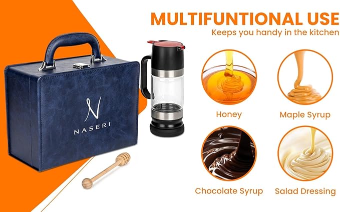 Glass Honey Dispenser with Wood Dipper Stick - No Drip Bottom Spout, Easy Pouring for Kitchen Convenience. Multipurpose for Syrup & Salad Dressing. Luxury Case for Gift & Storage