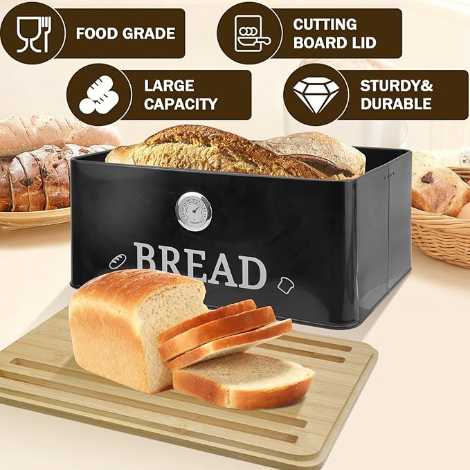 Black Bread Box for Kitchen Countertop with Bamboo lid, Hygrometer Kitchen Organizer for Sourdough, Buns, and Loaves, Bread Storage Container with Cutting Board Lid