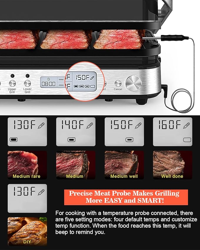Panini Press Grill Sandwich Maker with Removable Plates, 1600W, 6 in 1 Indoor Grill with Meat Thermometer, Electric Contact Grills for Kitchen, Stainless Steel