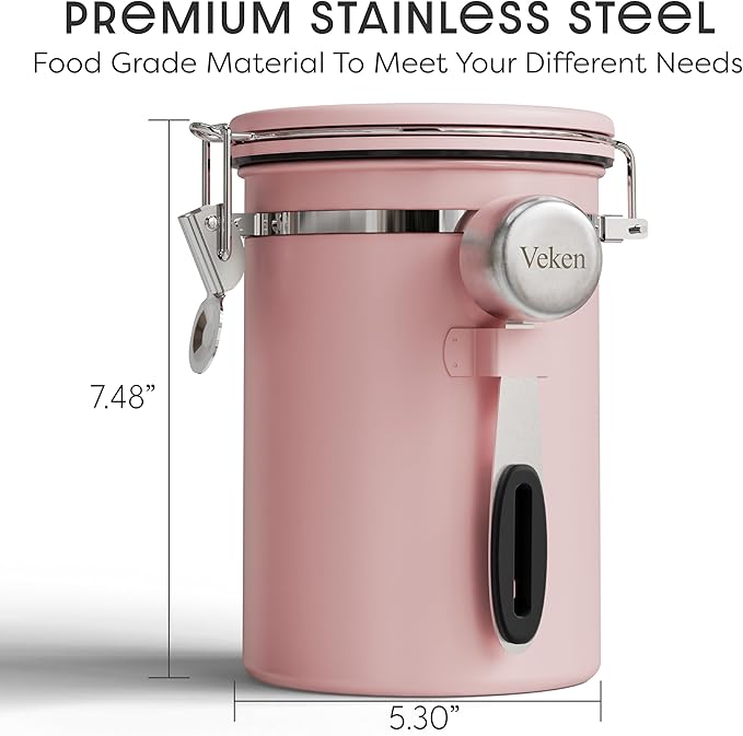 Veken Coffee Canister with Window, Airtight Stainless Steel Kitchen Food Storage Container with Lids, Date Tracker and Scoop for Grounds Coffee, Beans, Tea, Flour, Cereal, Sugar Jars, 22OZ, Pink