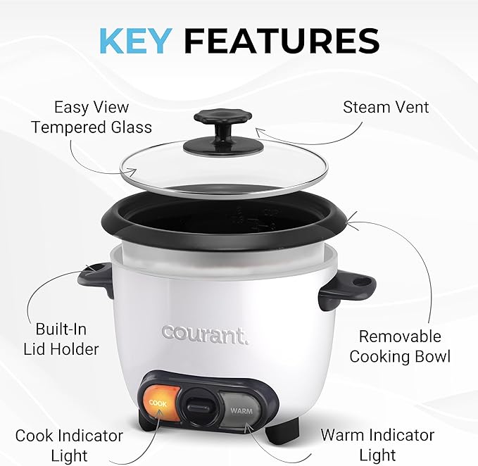Courant Rice Cooker 8-Cup (Cooked), Removable Non-Stick Bowl, One Touch Rice Cooker, White