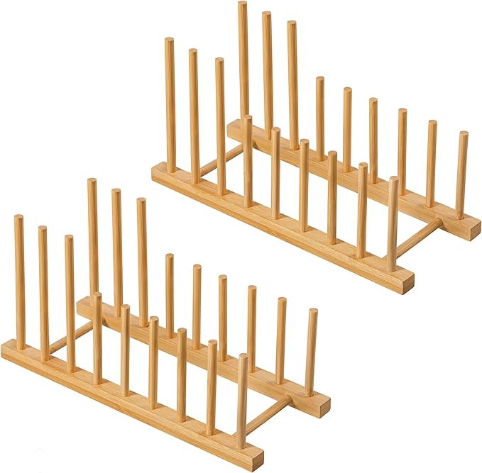 HBlife 2pcs Heighten and Widen Bamboo Dish Drying Rack Plate Bowl Cup Book Pot Lid Cutting Board Stand Drainer Storage Holder Organizer for Kitchen Cabinet