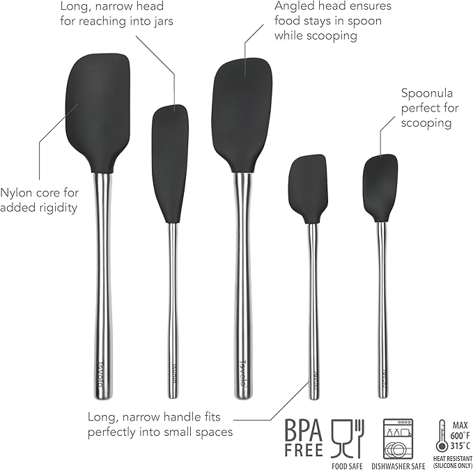 Tovolo Stainless Steel Handled Silicone Spatula Set of 5, Dishwasher Safe Kitchen Spatula Set for Cooking Baking, BPA Free Silicone Spatula set with Metal Steel Handle, Black