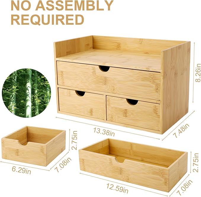 Charmewooden Bamboo Desk Organizer With Drawers Countertop Drawers Counter Storage Box Corner Desk Organizer for Home Office No Assembly Required (3 Drawers with shelf)