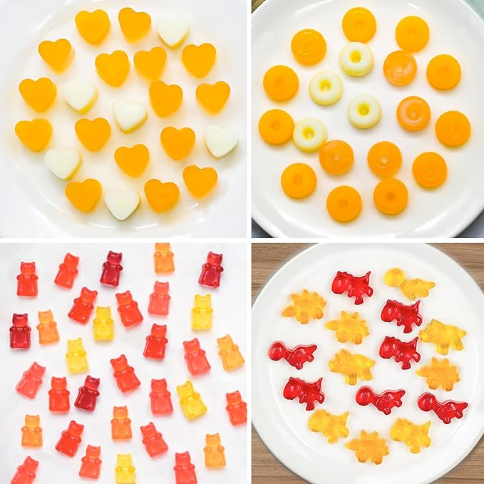 WARM TIME Gummy Bear Candy Molds Silicone, Mini Gummy Molds with 2 Droppers, Food Grade Non-Stick Silicone Molds Including Heart, Dinosaur, Bear, and Donut, Set of 4