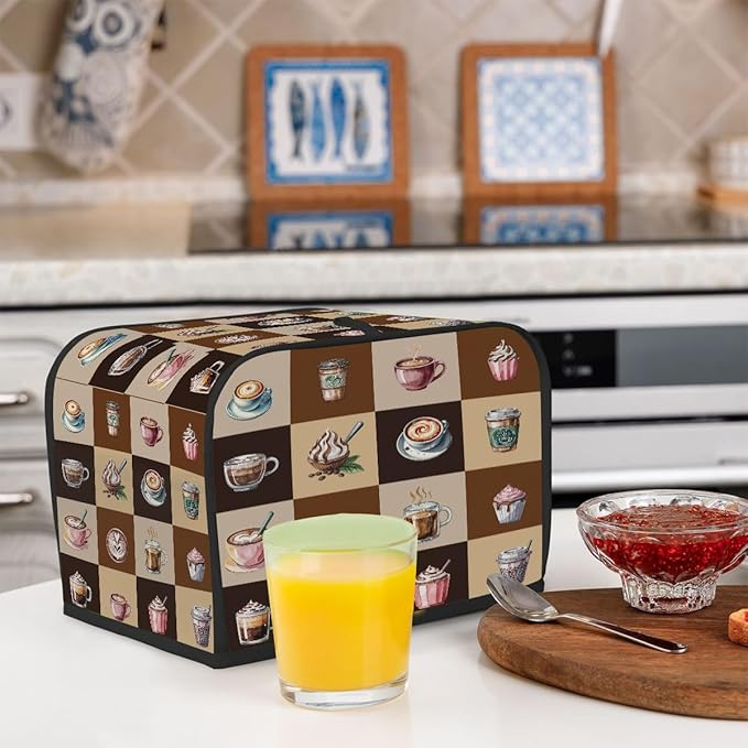 Coffee Cups Modern Toaster Cover 4 Slice Dust and Fingerprint Protection Toaster Bread Maker Covers Washable Kitchen Small Appliance Covers for Kitchen Accessories Decor Bakeware Women Gift