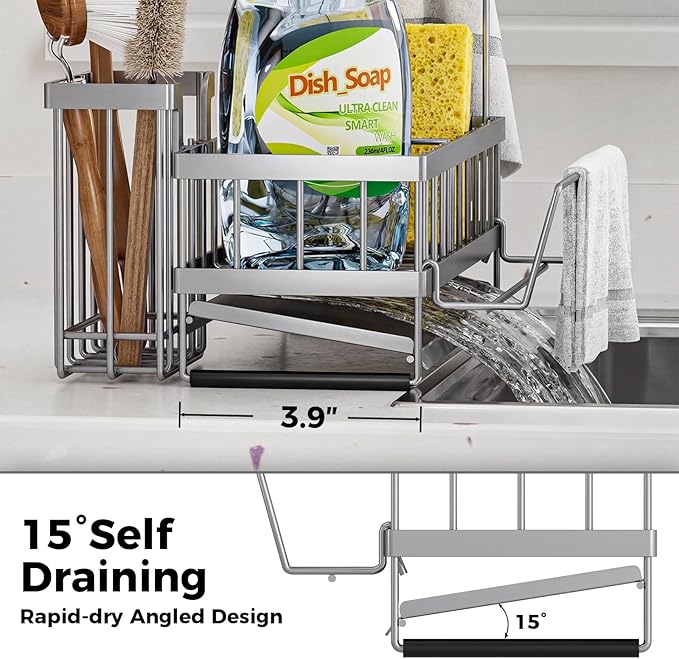 Sponge Holder for Kitchen Sink – Rustproof Stainless Steel with Detachable Drainboard, Brush Rack & Towel Bar | Compact, Non-Slip Design for Countertop Bathroom