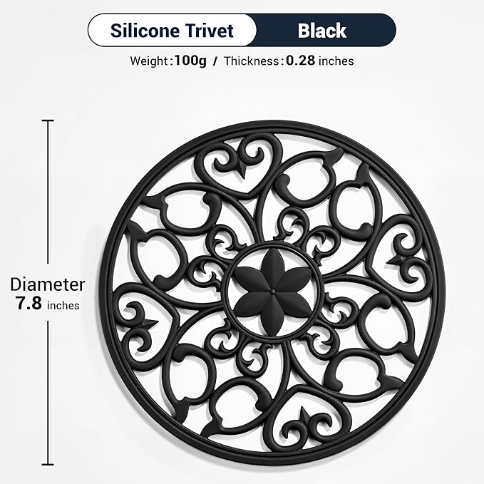 SMARTAKE 3 Set Silicone Trivet Mats, Multi-Use Carved Trivet Mat, Insulated Non-Slip Durable Kitchen Mats, Flexible Modern Kitchen Table Mat, for Hot Dishes, Pots, Dining Countertop, Black