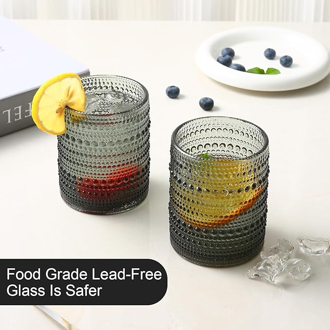 ZMOWIPDL Vintage Glassware Drinking Glasses Set of 6,12 oz Hobnail Glass Cups,Embossed Grey Water Tumbler,for Beer,Cocktail,Whiskey,Juice and Various Mixed Drinks- 1 Cleaning Brush