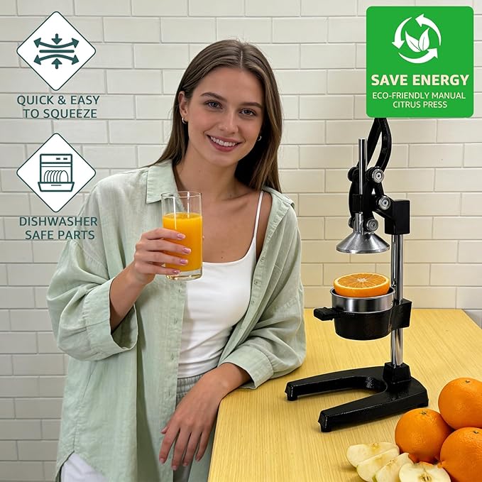 Commercial Heavy Duty Manual Citrus Juicer Press - Professional Cast Iron Hand Orange Squeezer with 304 Stainless Steel Strainer & Cup - Fruit Extractor for Pomegranate, Lemon, Lime - Black