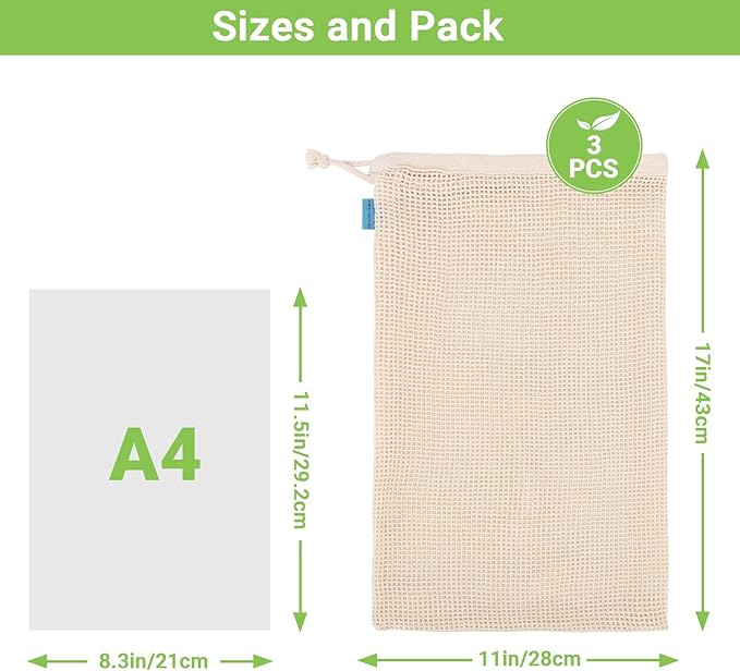 Pack of 3 Reusable Produce Bags Washable, 11x17 Inch Large Reusable Grocery Bags Heavy Duty Cotton Bag Produce Storage, Enhanced Closure Edge, Double Stitched, with Tare Weight