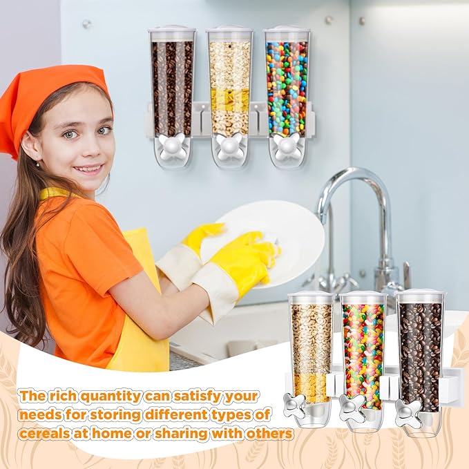 Nitial 2 Pieces Cereal Dispenser Wall Mounted 4.5L Triple Candy Machine Grain Dispenser with Cup Triple Dry Food Snack Wall Mount Cereal Storage Container for Kitchen Food Store Coffee Store (White)