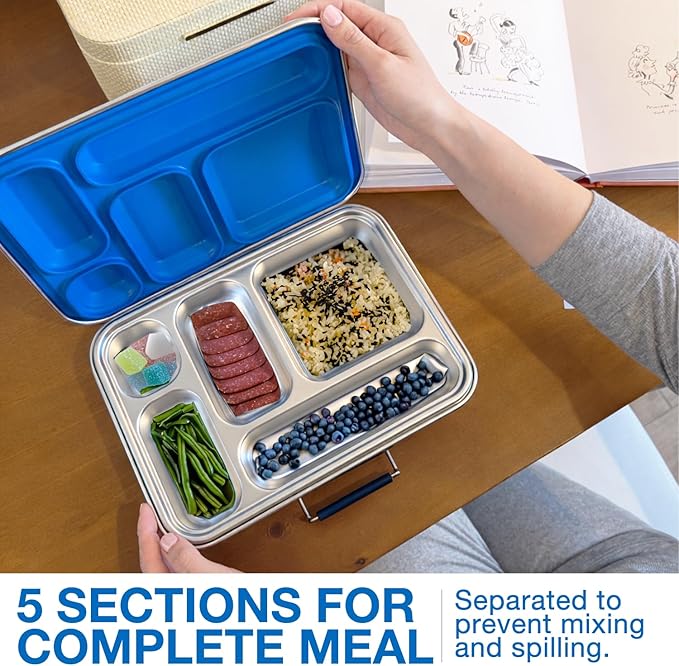 Stainless Steel Bento Box for Adults, 5 Compartment Leak-Resistant Lunch Box, Removable Silicone Seal, Snap Latch Lid, 4 Cup Metal Food Container with Utensil Section, Cerulean Blue