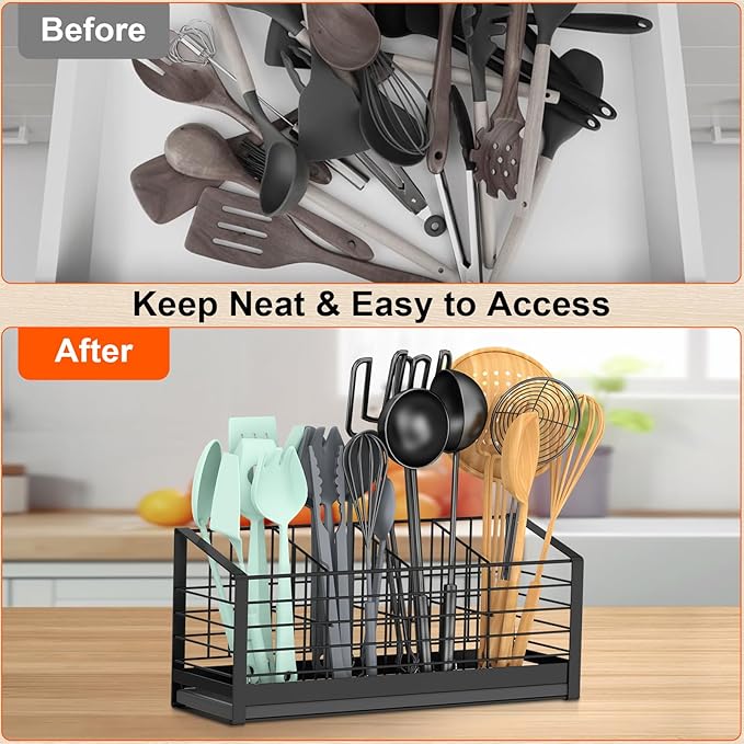 Extra Large Utensil Holder for Kitchen Counter, Kitchen Cooking Utensil Holder Organizer Kitchen Utensil Racks with Drying Base Cooking Tools Storage for Countertop Sink Cutlery Holder, 4 Compartments