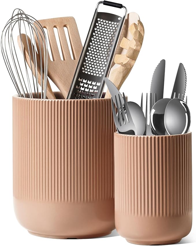 LE TAUCI Utensil Holder for Kitchen Counter, 7.3"+5.4" Fluted Ceramic Utensil Crock Organizer for Countertop, Heavy Large Holder for Spatulas, Spoons, Set of 2, Dusty Coral