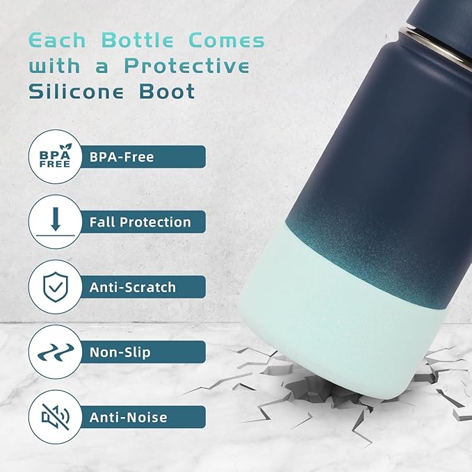 Volhoply 14oz KIds Water Bottle with Straw Lid and Silicone Boot Bulk 2 Pack,Stainless Steel Insulated Cups for Boys & Girls Multipack,Double Wall Vacuum Leakproof Bottles(Blue Green,2)