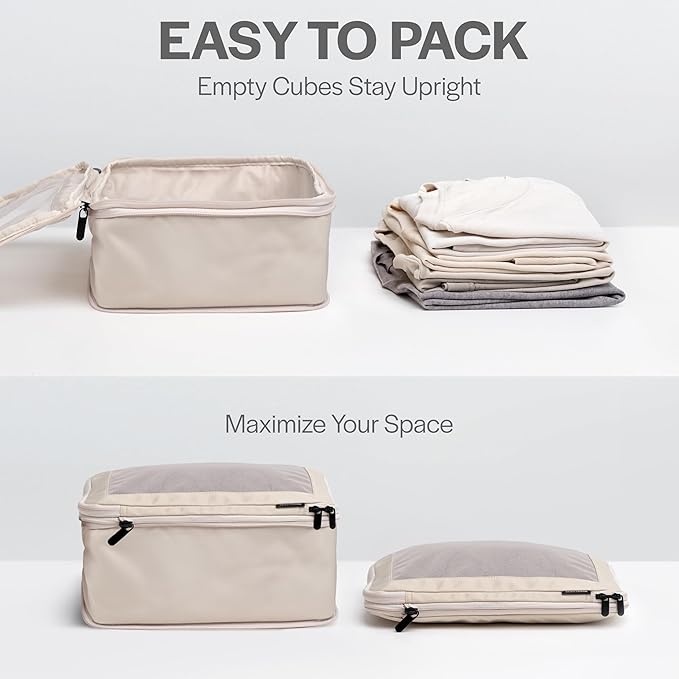 Aerotrunk Compression Packing Cubes for Travel - Luggage Organizer Bags - Double Zipper Packing Cubes for Suitcases (2-Pack, Beige)