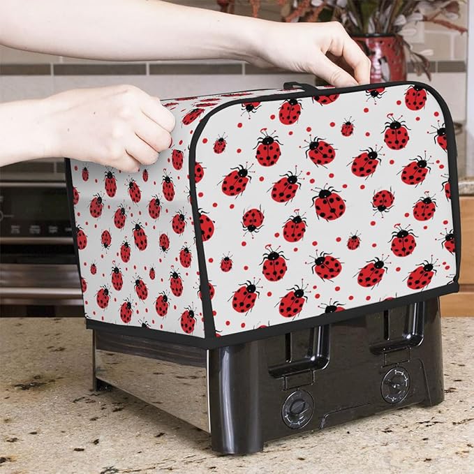 2 Slice Toaster Cover,Red Ladybug On White Small Kitchen Appliance Bread Machine Cover with Pockets,Dust & Fingerprint Protection