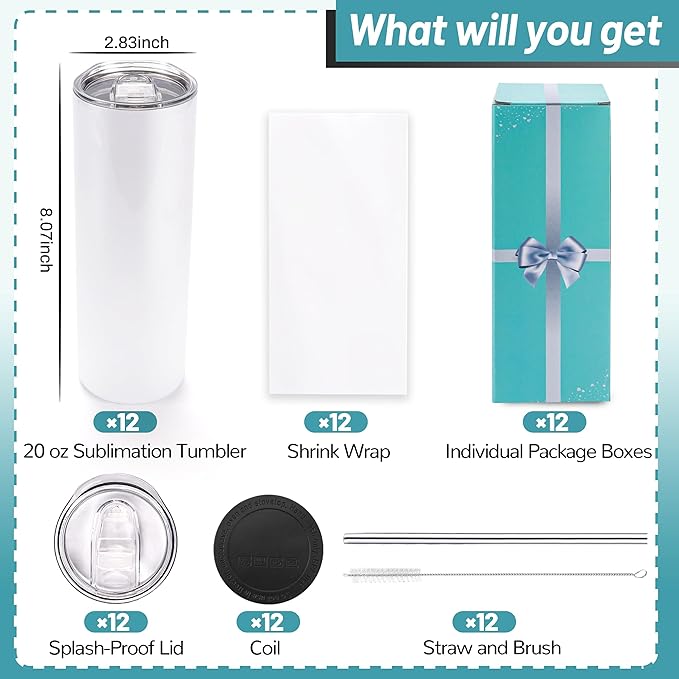 12 Pack Sublimation Tumblers 20 oz Bulk Blank Tumblers Skinny Straight Flat Bottom Cups White with Lid and Straw