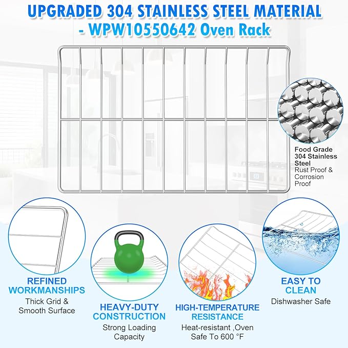 2x Upgraded 25"x15" WPW10550642 Oven Racks Replacement Compatible with Whirlpool Range Oven Shelf Stove Rack W10550642 EAP11756198 EAP11756198 304 Stainless Steel Oven Rack wfg320m0bs3 w/Oven Liner