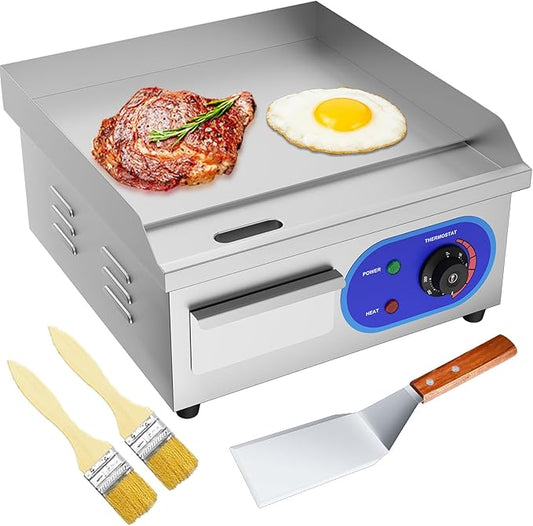 DULONG Electric Flat Top Grill,1500W Electric Flat Top Griddle,14" Stainless Steel Commercial Griddle with Thermostatic Control for Kitchen BBQ