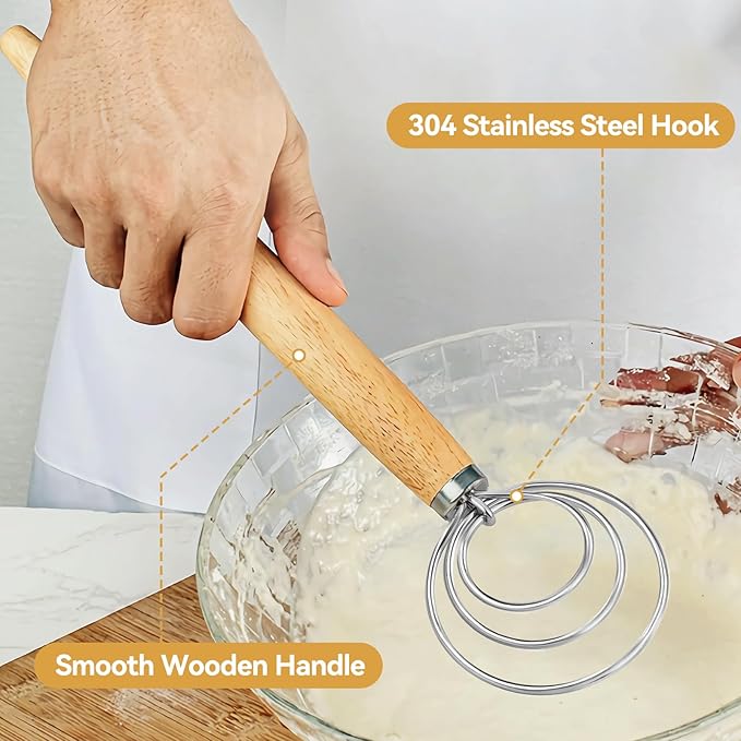 Danish Dough Whisk Dutch Bread Mixer Stainless Steel Hook Wooden Handle Baking Tools for Sourdough Pizza Pastry Cake Batter Making
