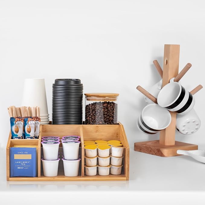 Bamboo Coffee Station Organizer for Countertop, Coffee Bar Accessories Organizer with 6 Compartments for Tea Bags Condiment, Pods, Creamer, Syrup, Cups