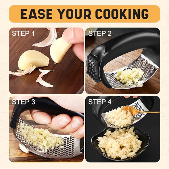 Stainless Steel Garlic Press Rocker, 2025 New Garlic Mincer and Garlic Crusher, Easy-Squeeze Garlic Tool with Peeler and Cleaning Brush for Smashing Garlic (2 Set)