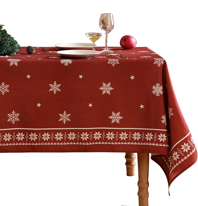 ISAENNE Designer Christmas Red Square Tablecloth,Linen Table Cloth with Snowflakes Pattern,Wrinkle Resistant Decor Tablecloths for Dining Kitchen Thanksgiving Christmas,67"*67"-Carol C