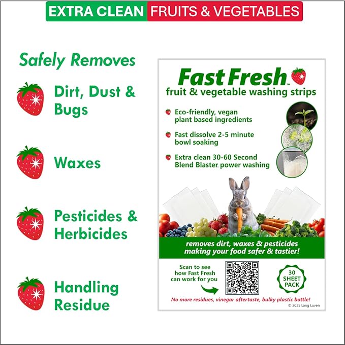 Fruit and Vegetable Wash Strips | Plant-Based, Food-Safe Produce Cleaner | Dissolvable Veggie Wash Removes Contaminants, Waxes & Dirt | All-Natural | Travel | 1 Pack of 30