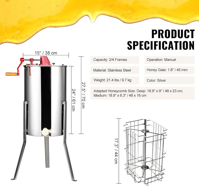 VEVOR Honey Extractor, 2/4 Frame Stainless Steel Manual Beekeeping Extraction, Honeycomb Drum Spinner with Transparent Lid, Apiary Centrifuge Equipment with Height Adjustable Stand, Silver