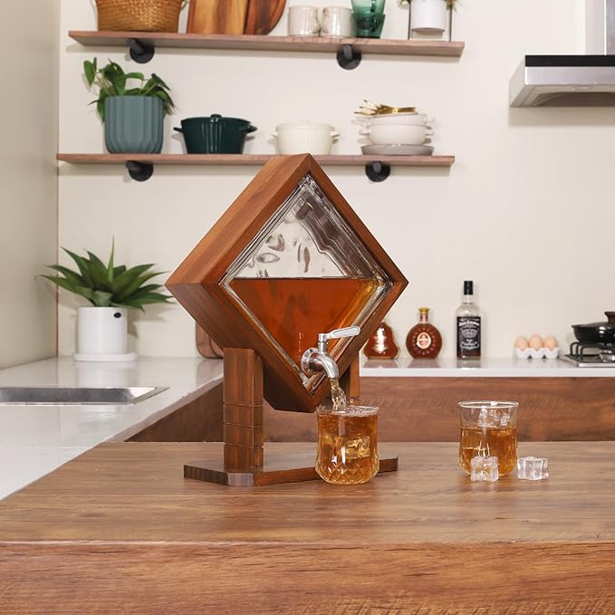 Whiskey Decanter with Wood Stand, Liquor Dispenser for Home Bar and Mancave Decor, Unique Birthday Christmas Gift for Men Dad and Whiskey Lovers, Bourbon Scotch Tequila