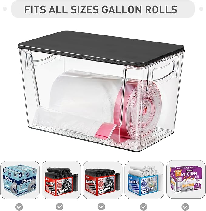 Pantry Organizers Storage, Under Sink Organizer Trash Bag Holder with Bamboo Lids Large Capacity Clear Storage Bins for Onion, Potato, Garlic, Canned Food Kitchen Countertop Organizer (Black lid)