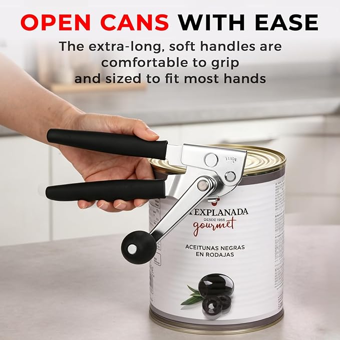 MARSWELL Heavy Duty Can Opener for Large Cans, Extra-Long Handles & Oversized Knob for Easy Cranking, Commercial Manual Hand Crank Opener Opens Big #10 Cans Smoothly, Strong All-Steel Construction