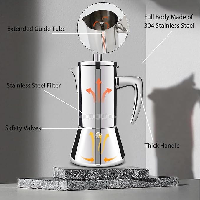 2 Cup Thickened 304 Stainless Steel Moka Pot Stovetop Espresso Maker Cafeteras Italian Percolator Espress Makers Capable Greca Mocha Coffee Machine for Induction Home and Camping 100ml 3.4oz